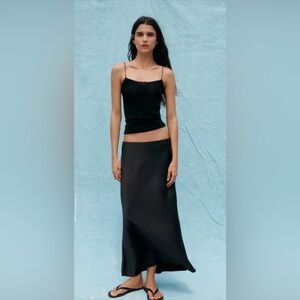Zara Black Satin Midi Slip Skirt